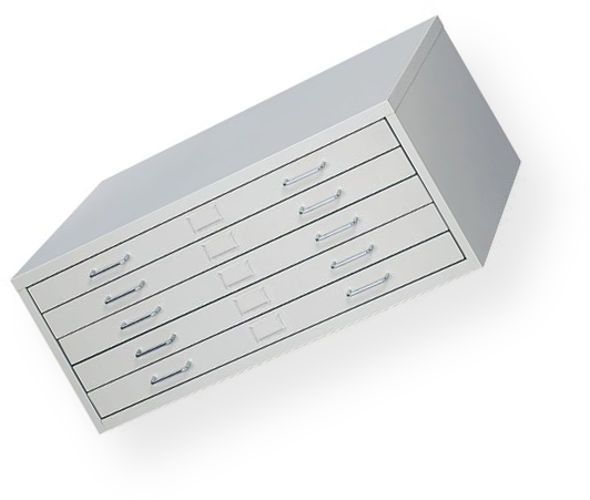 Safco 4972 Facil, Medium Flat File Cabinet; An economical solution for all non-archival storage needs; Features include nylon ball-bearings, functionally designed label holders, and chrome drawer handles; Drawer capacity is 60 lbs; Unit can be stacked up to two high on closed base and one high on high base; Light gray; Some assembly requiered; Medium flat file has overall dimensions of 46.25